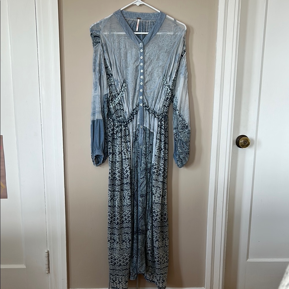 Free People maxi dress, button front, tie back